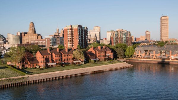 The skyline of Buffalo, New York as seen from the marina during late afternoon.