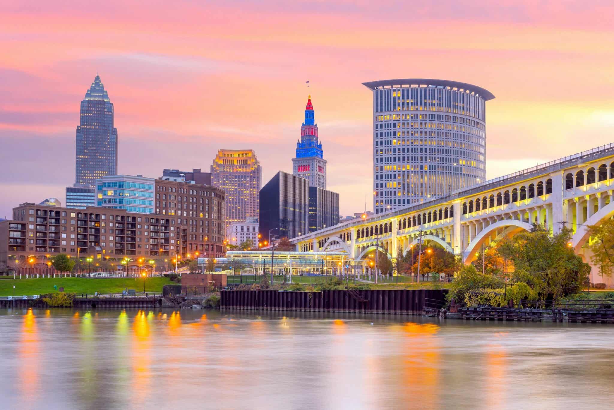 View of the downtown Cleveland, Ohio skyline at twilight