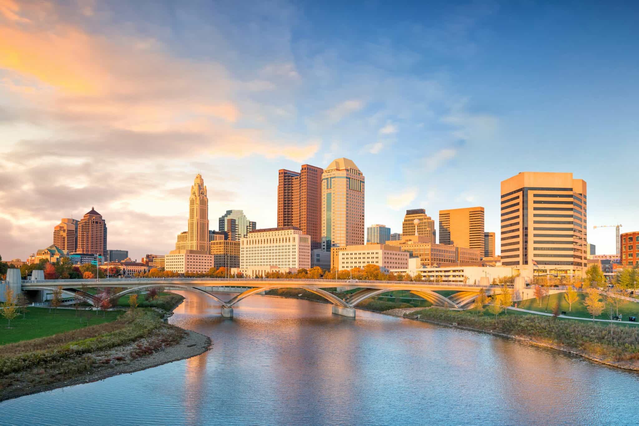 View of the downtown Columbus, Ohio skyline at sunset