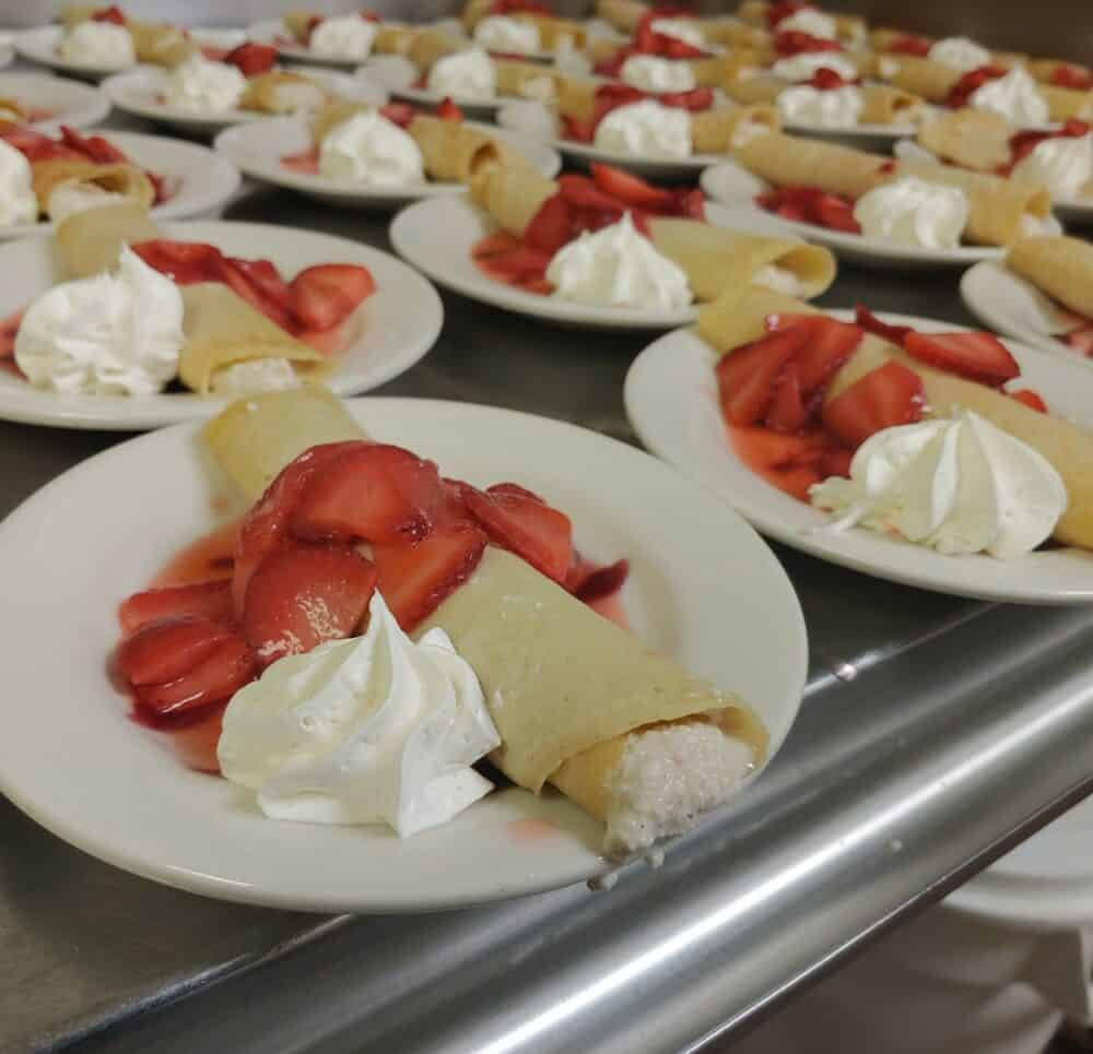 Crepes with strawberries and whipped cream at the Waterford at a senior living community in Springfield, Missouri.