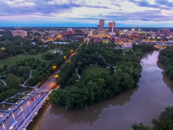 Downtown Fort Wayne with river and bridge view