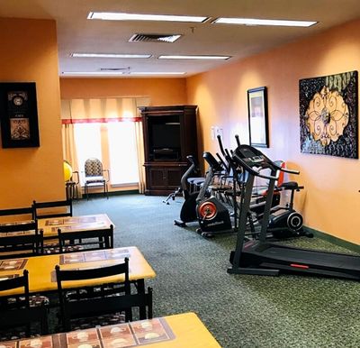 Common space with seating and exercise equipment