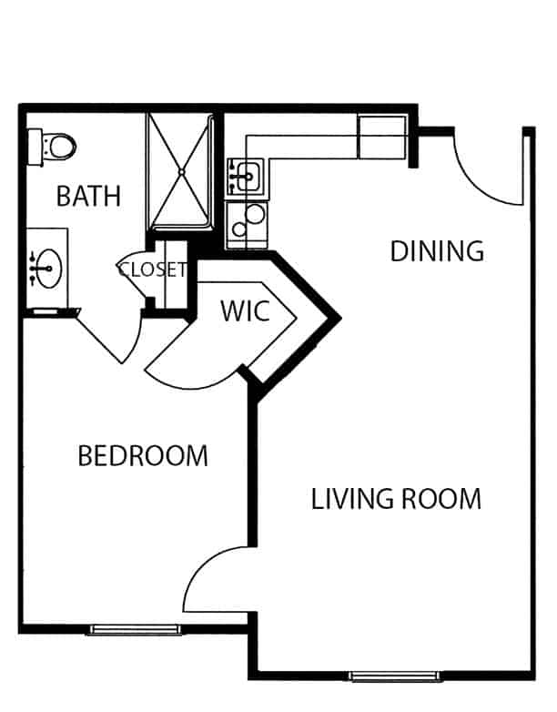 Assisted living one-bedroom apartment floor plan in Mansfield, Ohio.