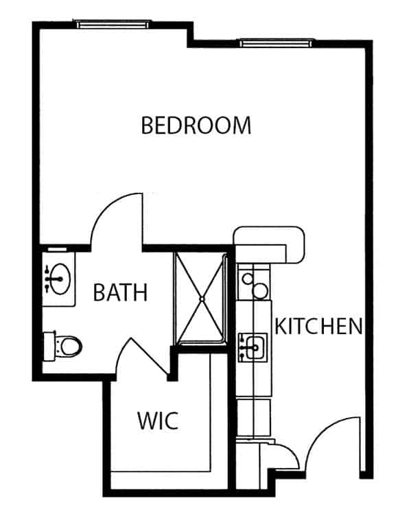 Assisted living studio apartment floor plan in Mansfield, Ohio.