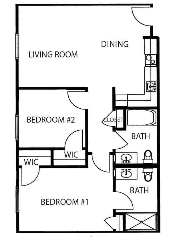 Assisted living two-bedroom, two-bathroom apartment floor plan in Mansfield, Ohio.