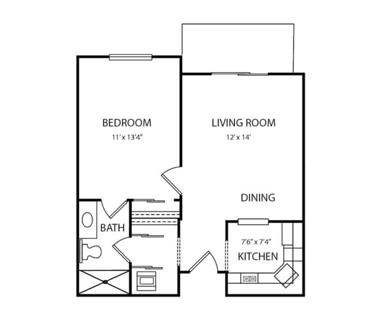 Assisted living one bedroom, one bath floorplan in Fort Wayne, Indiana.
