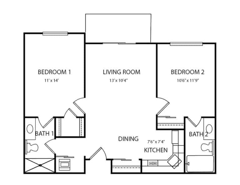 Senior living two bedroom, two bath floorplan in Fort Wayne, Indiana.