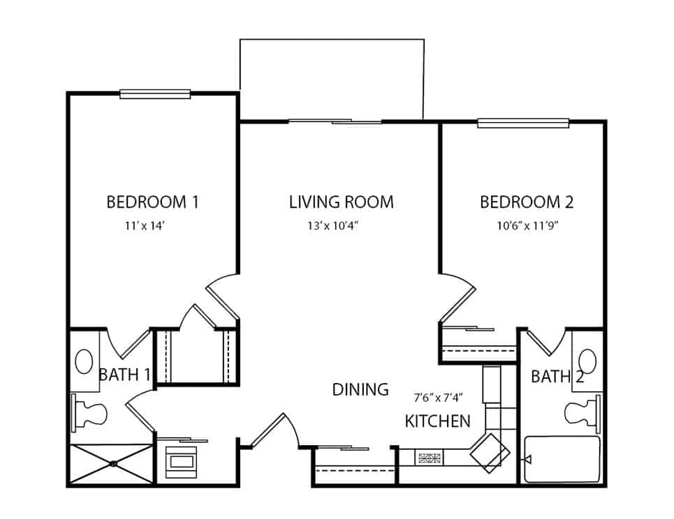 Senior living two bedroom, two bath floorplan in Fort Wayne, Indiana.