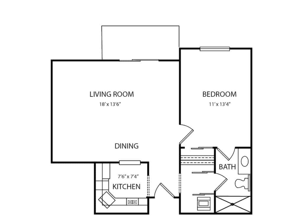 Senior living one-bedroom floor plan in Fort Wayne, Indiana.