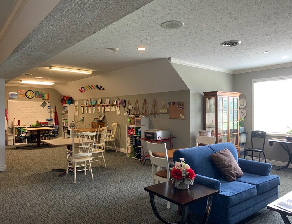 Activity center and library combined area at a senior living community in Indianapolis, Indiana.