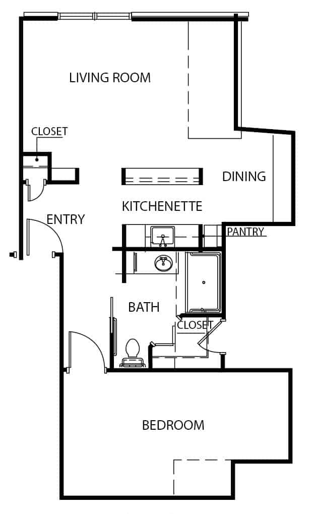 Assisted living one bedroom apartment floor plan in Indianapolis, Indiana.