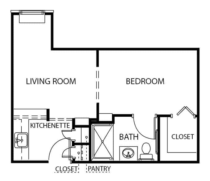 Assisted living studio deluxe floor plan in Indianapolis, Indiana.