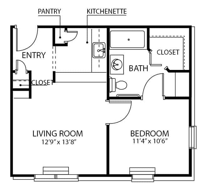 Assisted living one bedroom floorplan in Indianapolis, Indiana.