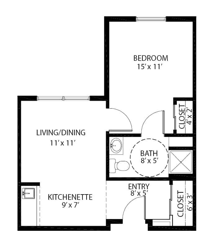 Assisted living one-bedroom apartment floor plan in Oneonta, New York.