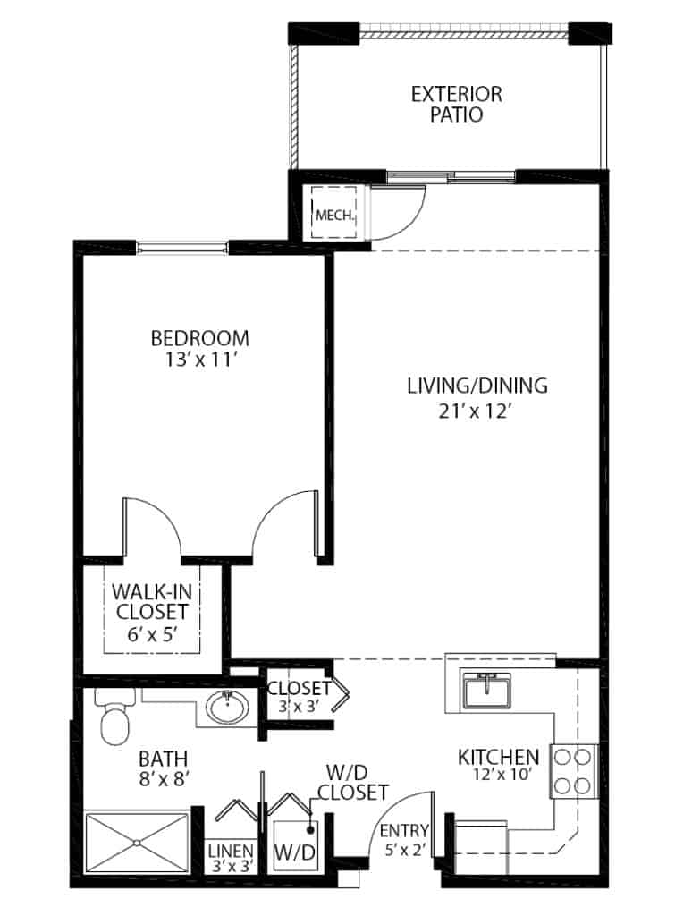 Independent living one bedroom floorplan in Oneonta, New York.