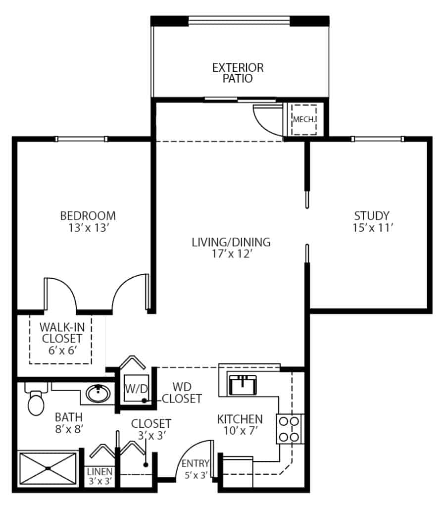 Independent living one-bedroom, with study apartment floor plan in Oneonta, New York.