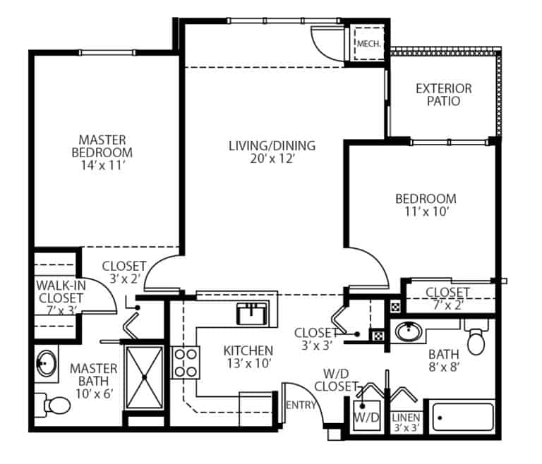 Independent living two-bedroom, two-bathroom apartment floor plan in Oneonta, New York.