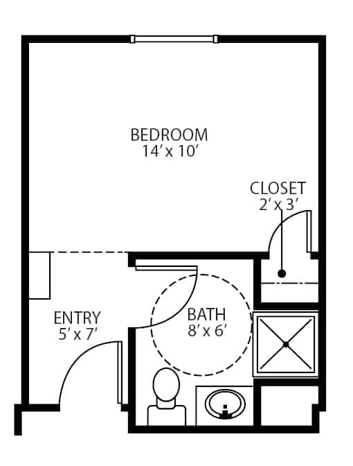Memory care studio apartment floor plan in Oneonta, New York.