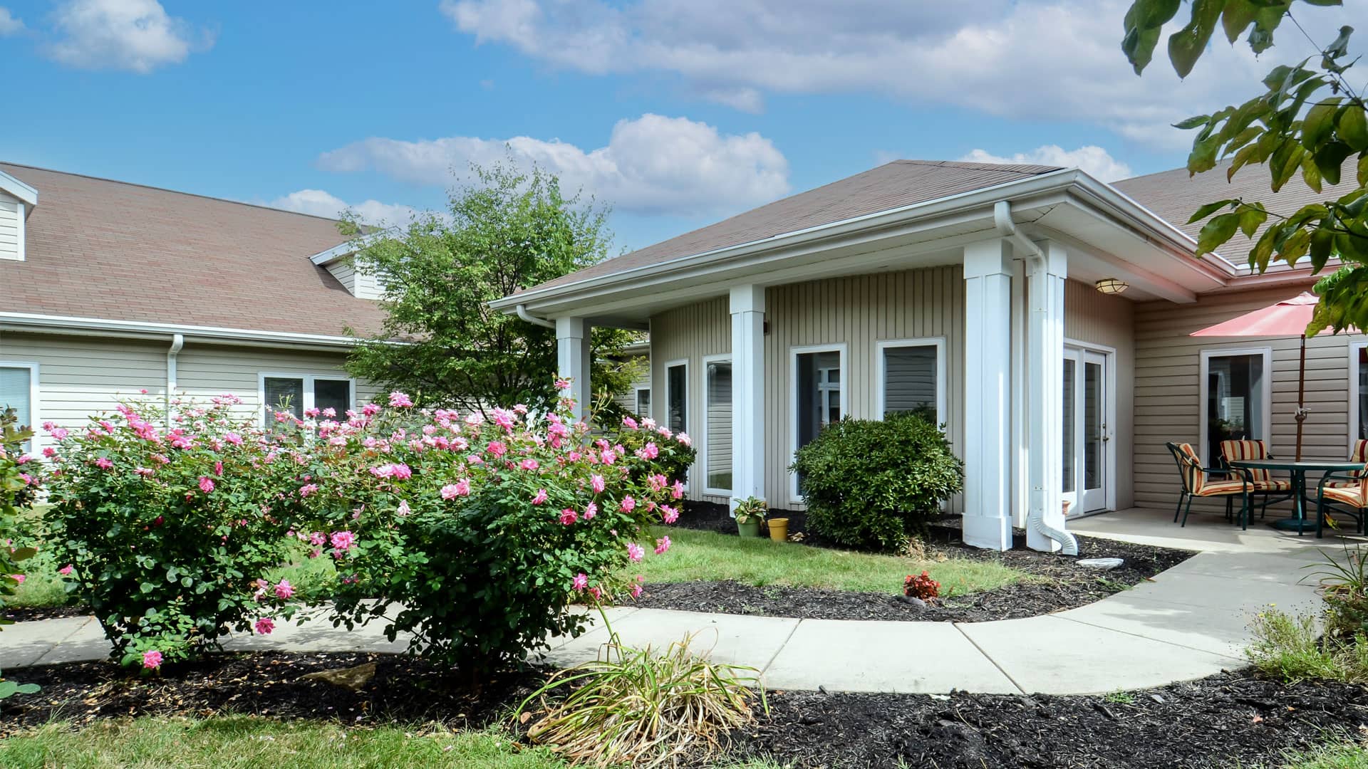 Exterior garden view of Autumn Glen Assisted Living community in Greencastle, Indiana