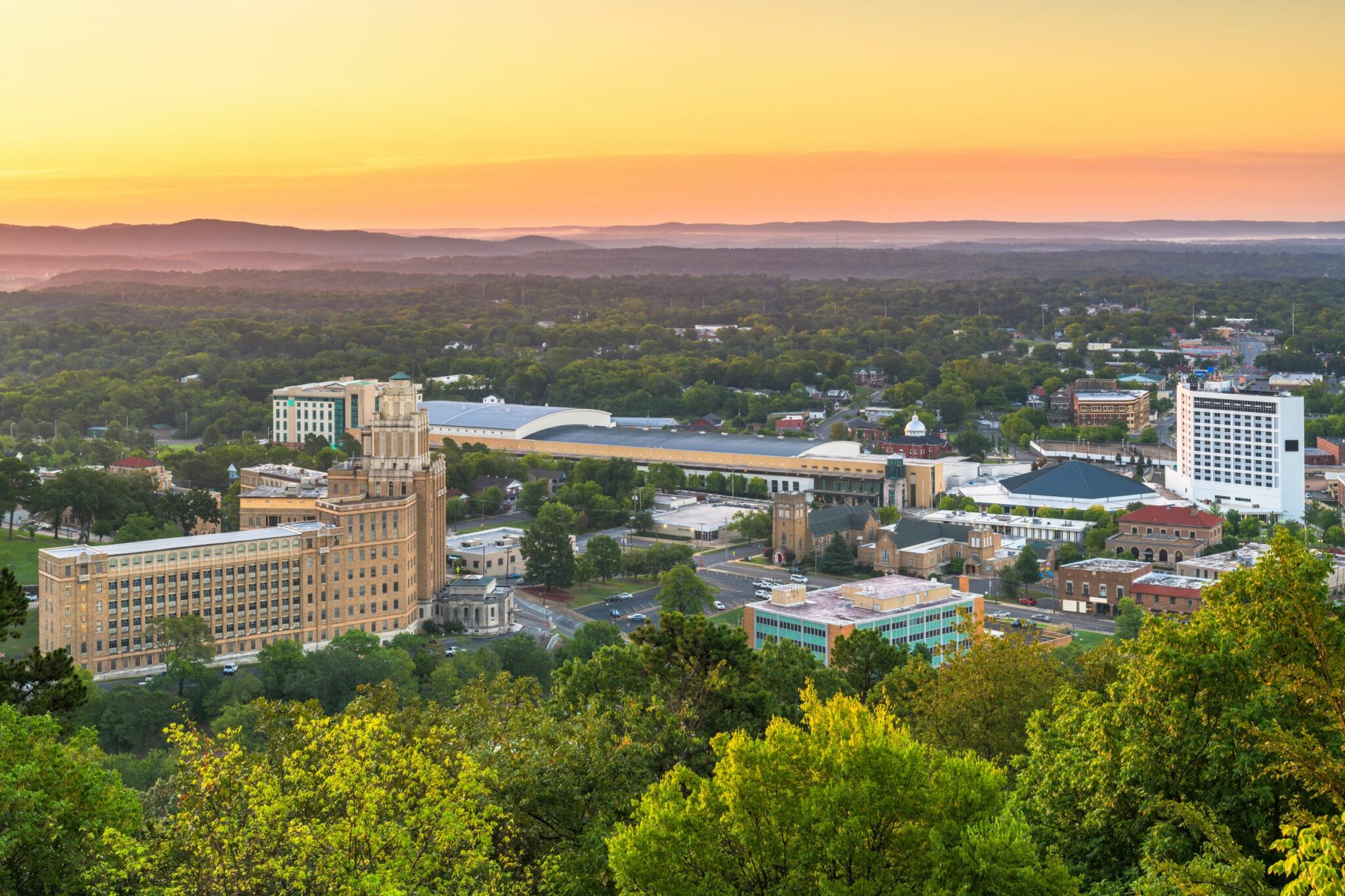 Hot Springs, Arkansas skyline from above at dawn