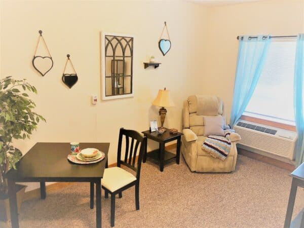 Apartment living room at a senior living community in Wisconsin Rapids, Wisconsin.