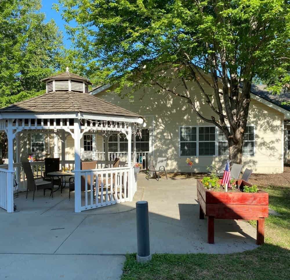 Outdoor gazebo and resting area at a senior living community in Elkhorn, Nebraska.