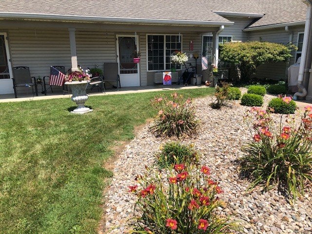 Outside patio and garden area at senior living facility in Jeffersonville, Indiana.