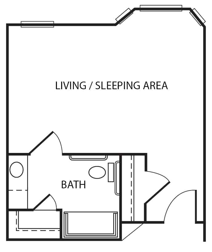 Assisted living studio apartment floor plan in Humble, Texas.