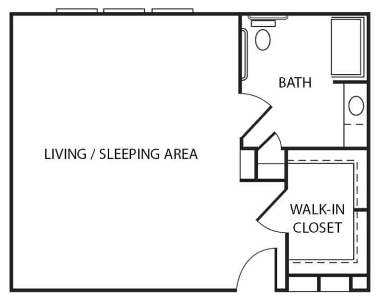 Assisted living studio apartment floor plan in Humble, Texas.