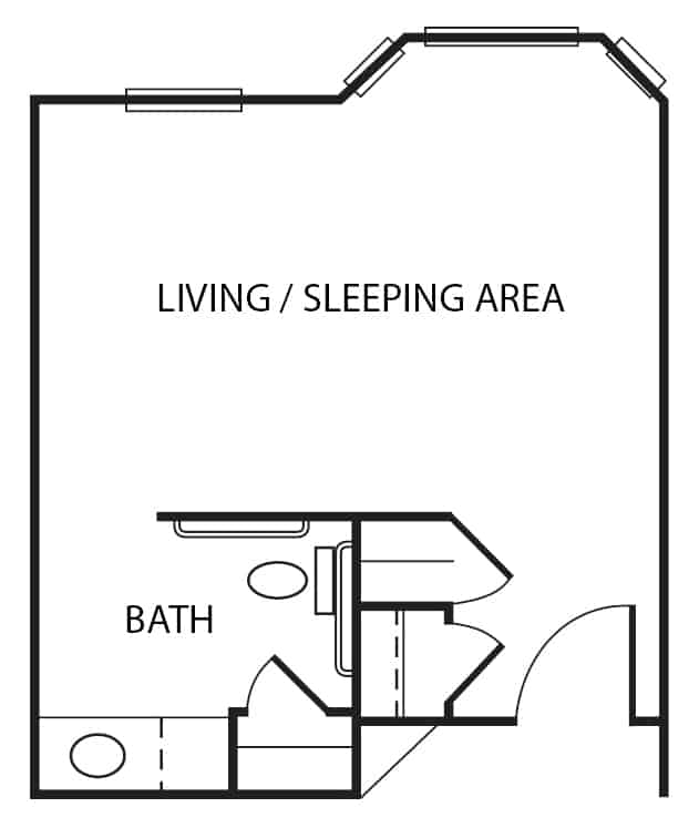 Memory care studio apartment floor plan in Humble, Texas.