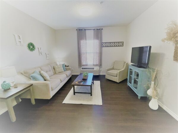 senior apartment living room with a couch, chair, TV and side tables