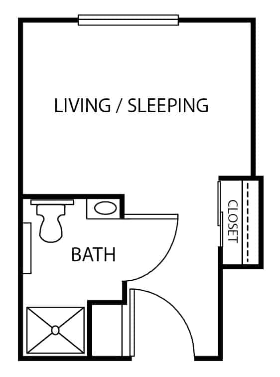 Assisted living studio apartment floor plan in Indianapolis, Indiana.