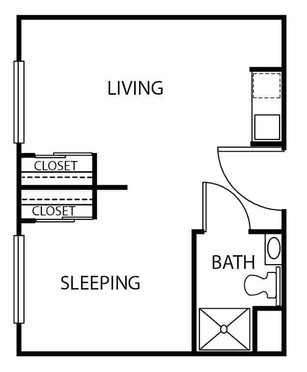 Assisted living large studio apartment floor plan in Indianapolis, Indiana.