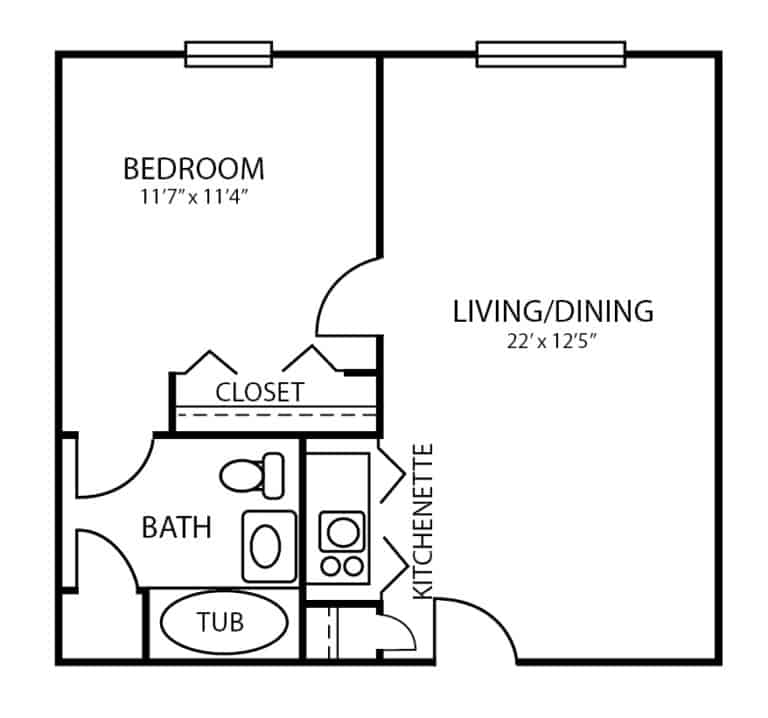 Assisted living one-bedroom, one-bathroom apartment floor plan in Indianapolis, Indiana.