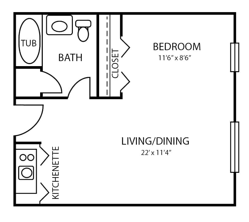 Assisted living studio apartment floor plan in Indianapolis, Indiana.