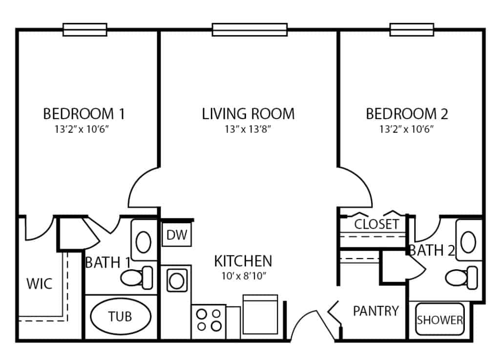 Assisted living two-bedroom, two-bathroom apartment floor plan in Indianapolis, Indiana.