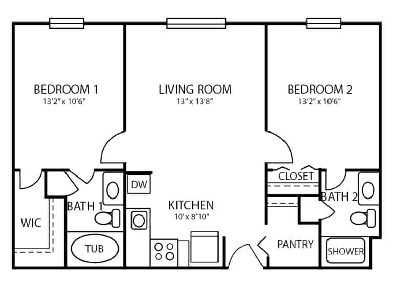 Assisted living two-bedroom, two-bathroom apartment floor plan in Indianapolis, Indiana.