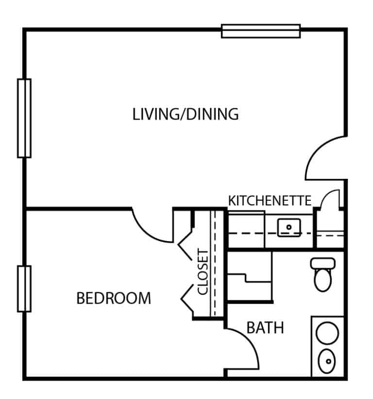 Memory care one-bedroom, one-bathroom apartment floor plan in Indianapolis, Indiana.