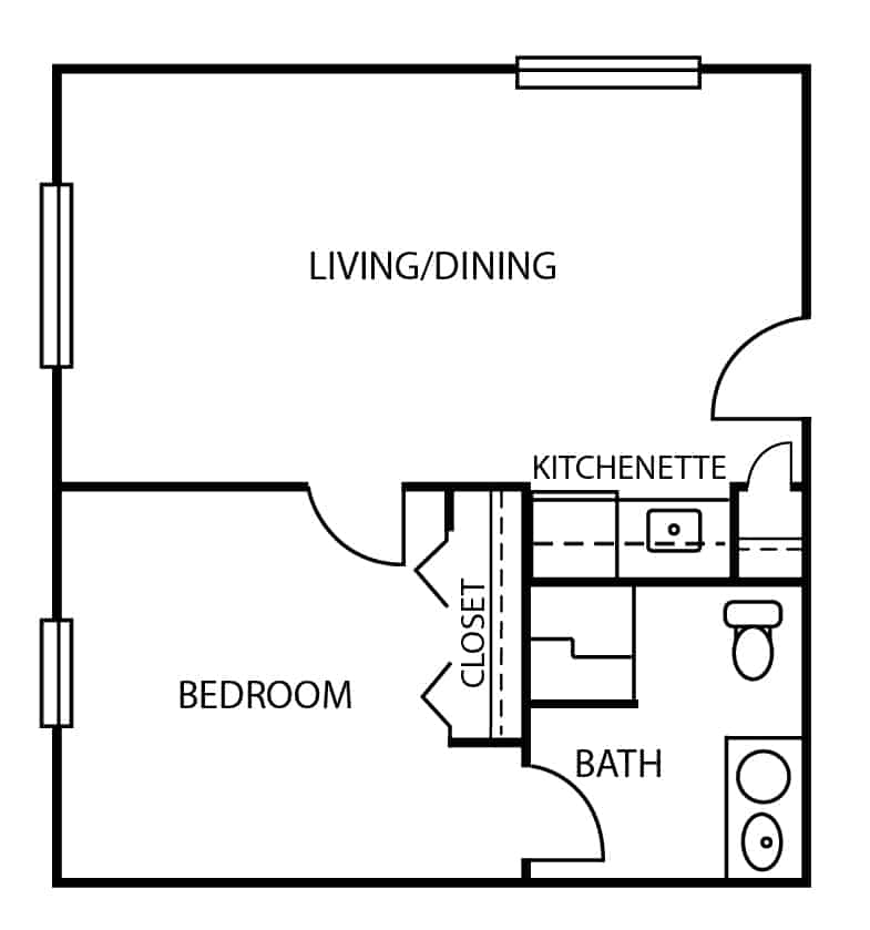 Memory care one-bedroom, one-bathroom apartment floor plan in Indianapolis, Indiana.