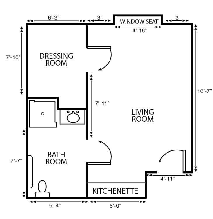 Assisted living and memory care studio apartment floor plan in St. Joseph, Missouri.