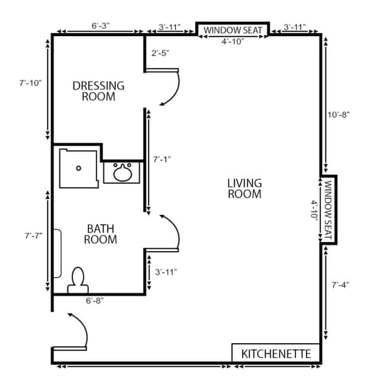 Assisted living corner studio apartment floor plan in St. Joseph, Missouri.