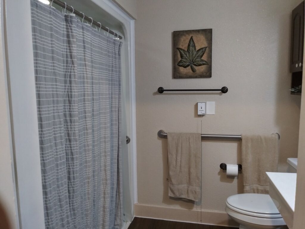 Model bathroom at a senior living community in Keller, Texas.