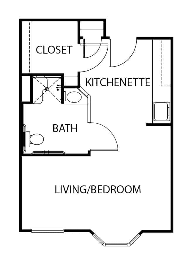 Assisted living studio with walk-in closet floor plan in Baytown, Texas.