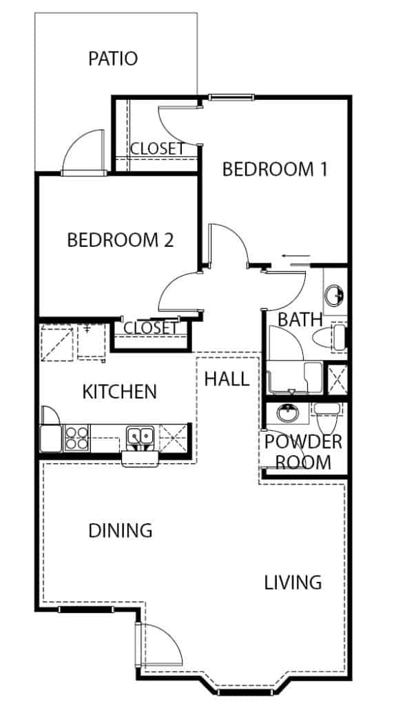 Assisted living two bedroom, two bath floorplan in Baytown, Texas.