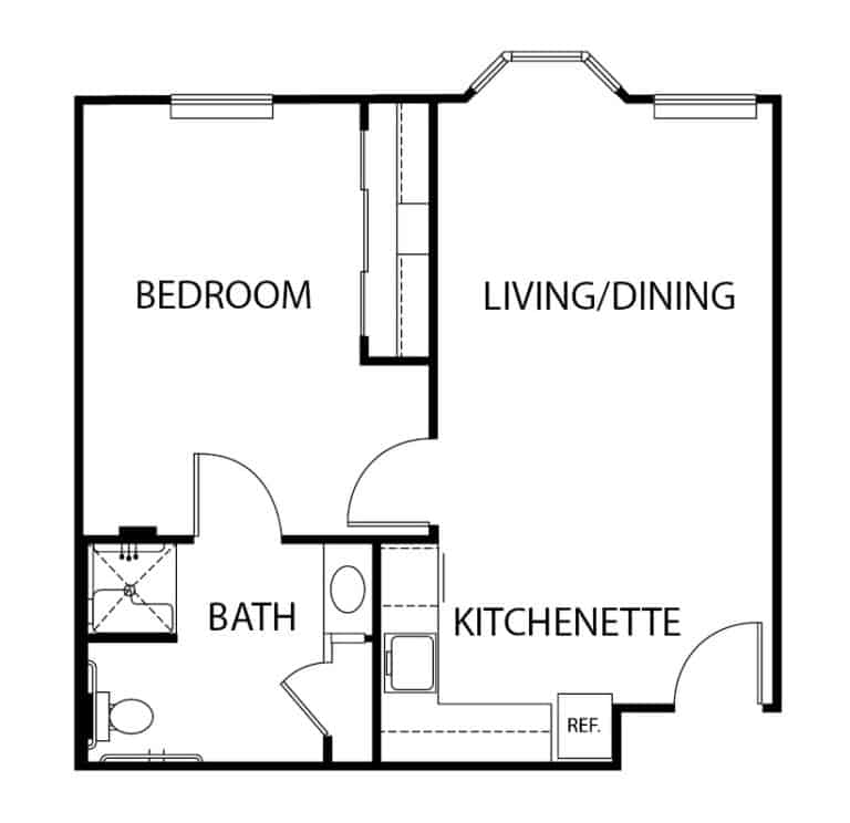 Assisted living one bedroom, one bathroom apartment floor plan in Baytown, Texas.