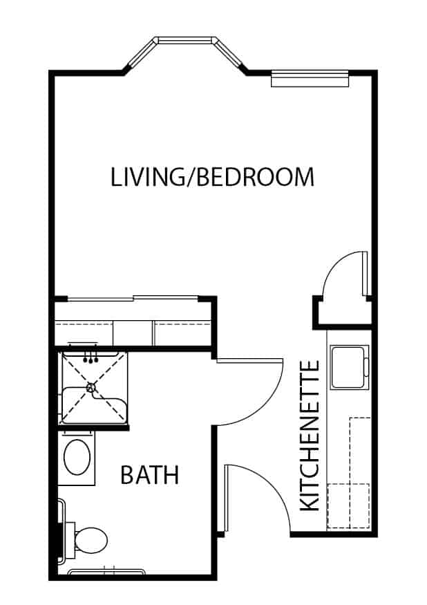 Assisted living studio apartment floor plan in Baytown, Texas.