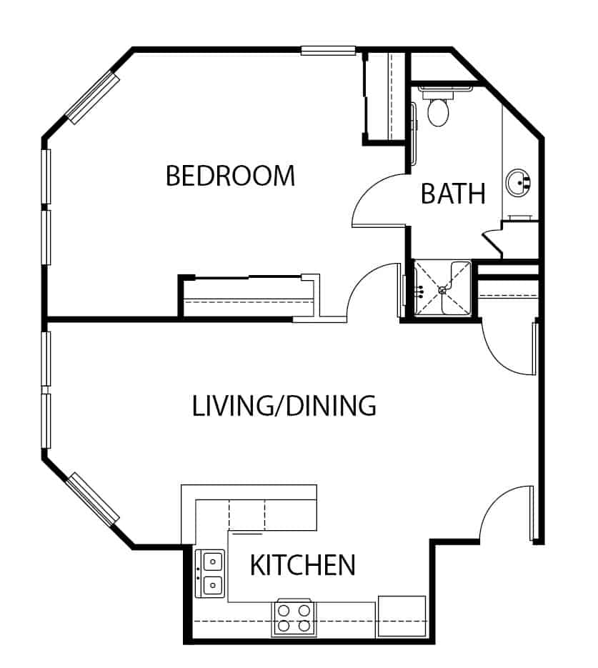 Independent living one-bedroom, one-bathroom apartment floor plan in Baytown, Texas.