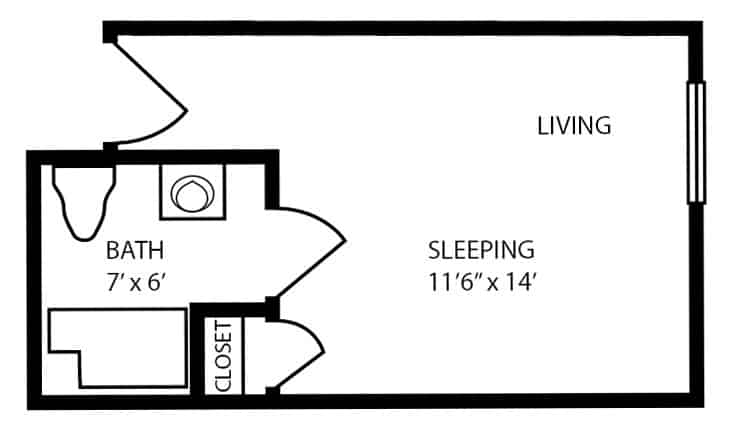 Alcove studio assisted living floor plan in Pensacola, Florida.