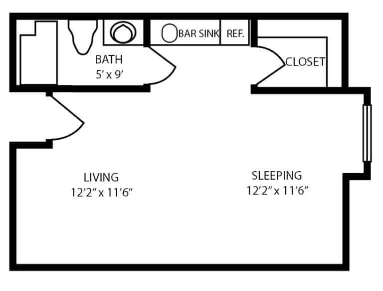 Efficiency studio apartment with kitchenette floor plan in Pensacola, Florida.