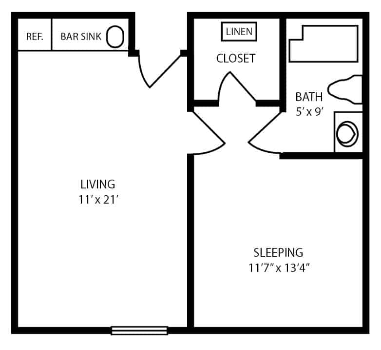 Assisted living one bedroom floor plan in Pensacola, Florida.